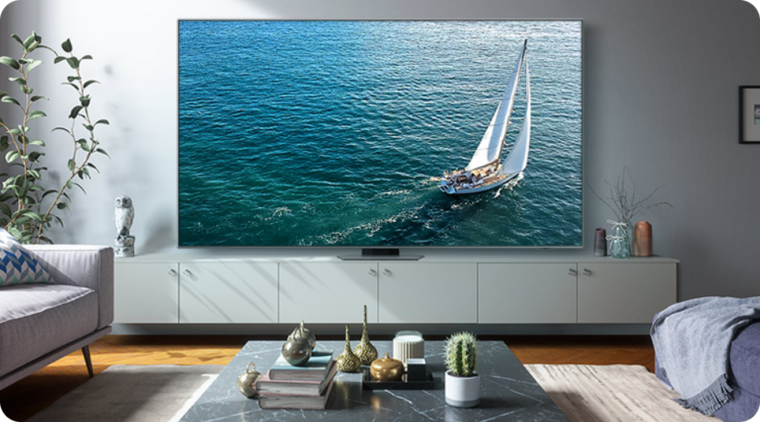 Samsung QLED TV showing a boat on the screen