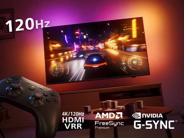 Philips OLED 759 TV and 120 Hz, ultra-low lag, G-sync, VRR, FreeSync logos