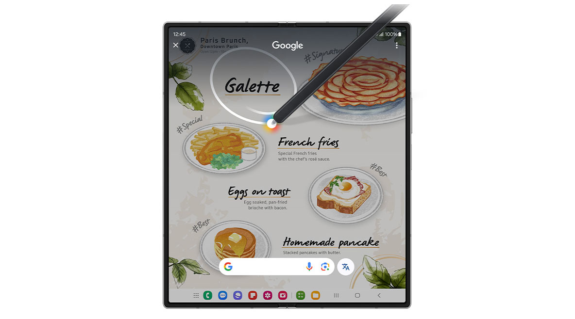 En restaurantmenu er åben på en Galaxy Z Fold6, og en S Pen bruges til at sætte en streg rundt om Galette