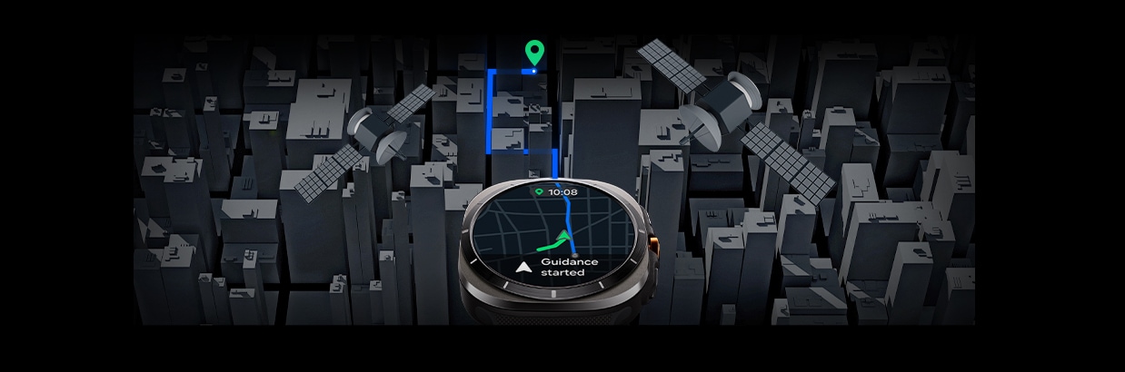 Et Galaxy Watch Ultra viser navigation på et kort 