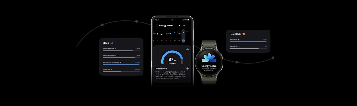 Et Samsung Galaxy Watch7 viser et Energy Score-ikon