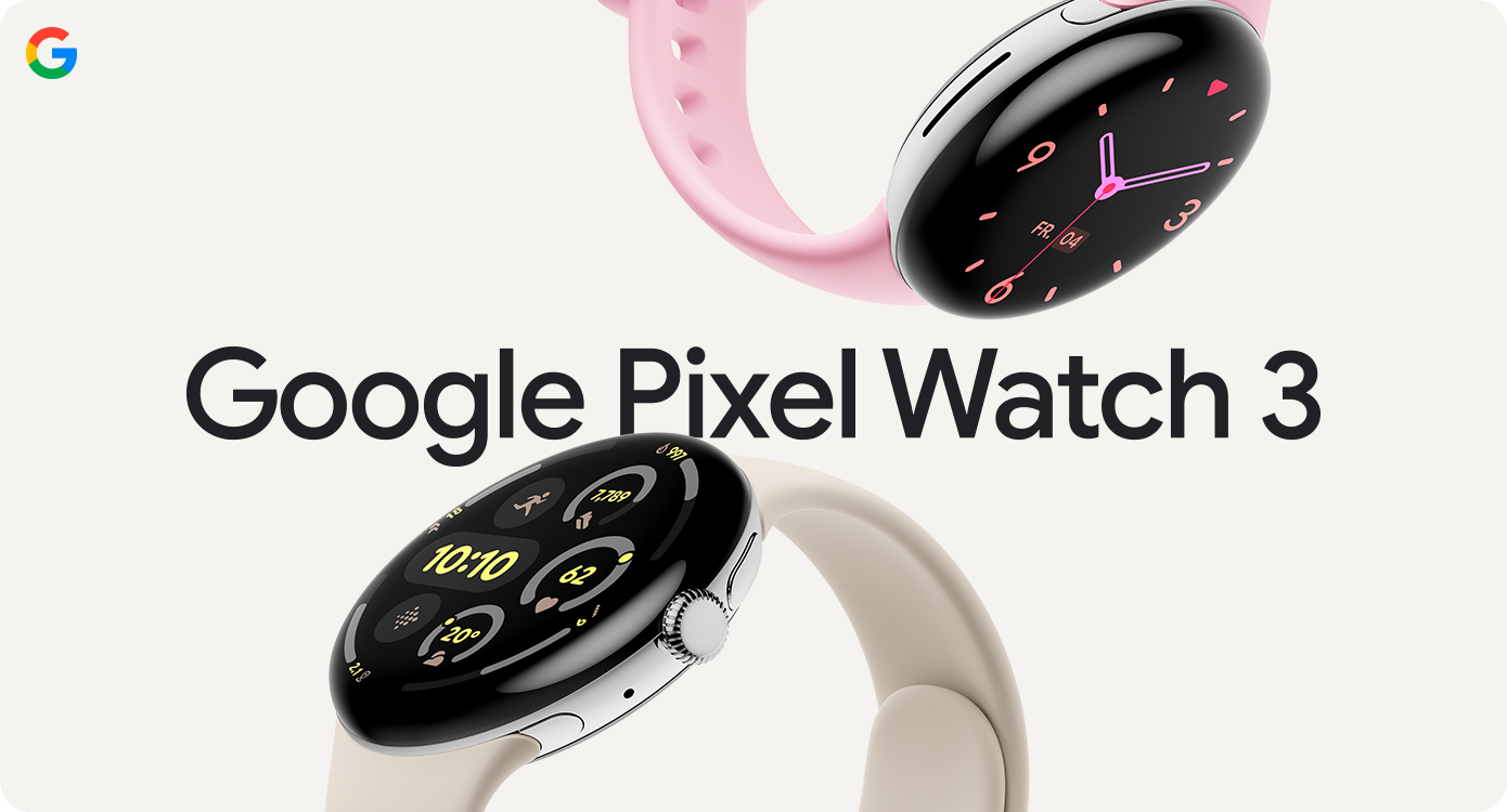 Two Pixel Watch 3 models and Google logo