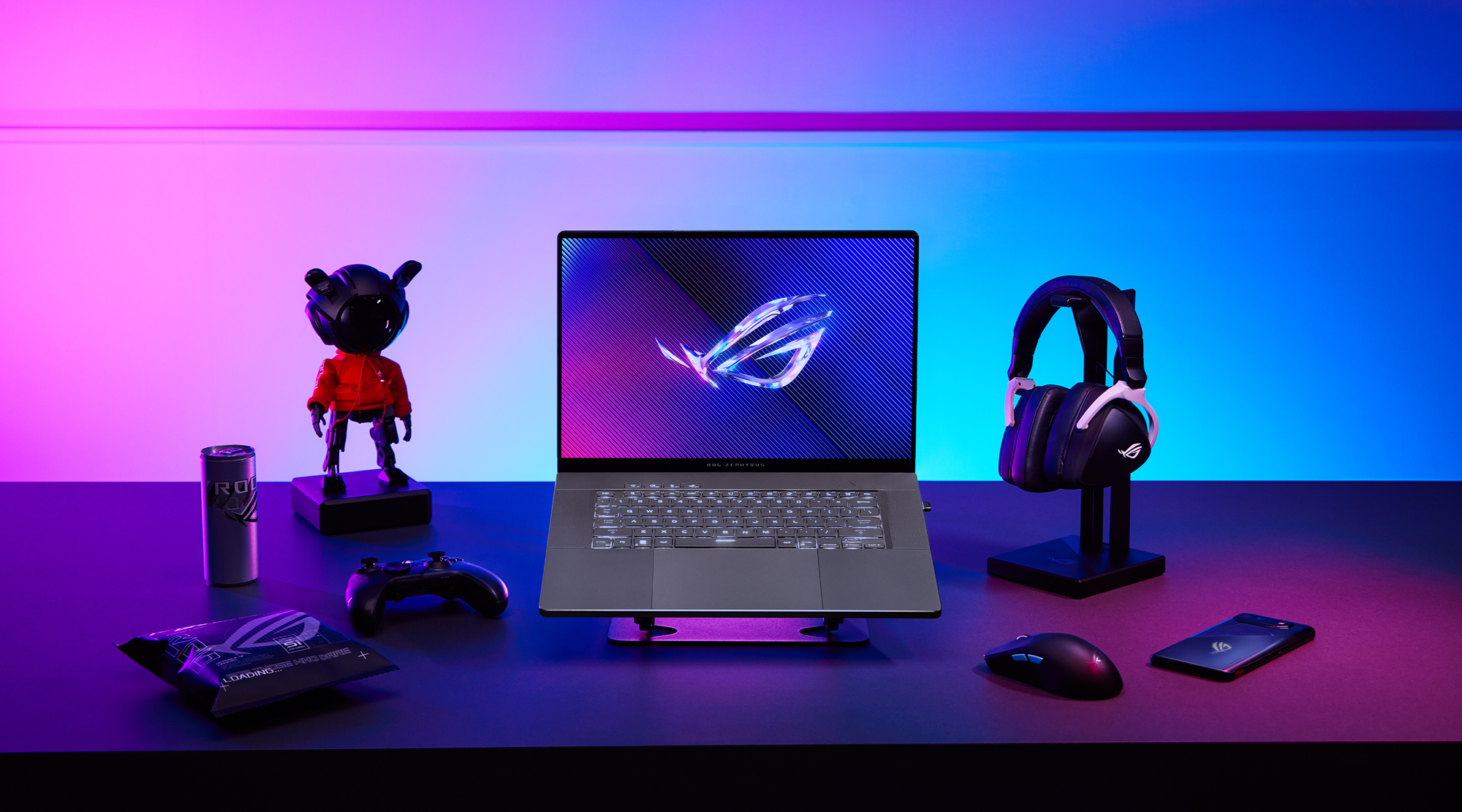 Asus ROG Zephyrus G14 G16 bærbar gamingcomputer, høretelefoner og mus med farverig baggrund