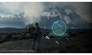 Death Stranding -  person foran et bjerg med spilsymbol på en skærm