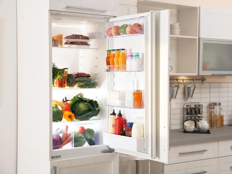 Integreret køleskab med åben dør i hvidt køkken
