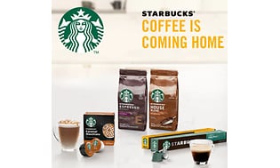 Forskellige Starbucks-produkter til hjemmebrug og Starbucks Siren-logoet