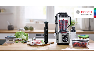 Bosch banner med blender, stavblender og bokse med mad