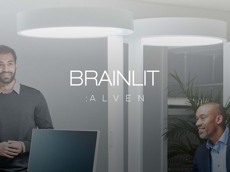 Gråtonet billede af kontorlandskab med BrainLit light og firmalogo i toppen af billedet