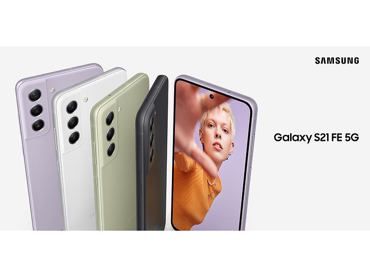 Samsung Galaxy S21 FE i forskellige farver stillet op ved siden af hinanden 