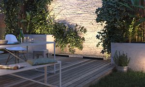 Terrasse og have med lyse elementer og monteret smartbelysning