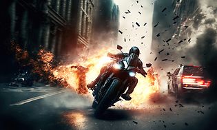 Subwoofer-guide: En spændende motorcykeljagt med høj hastighed i en by med biler, der bliver sprængt i luften i baggrunden