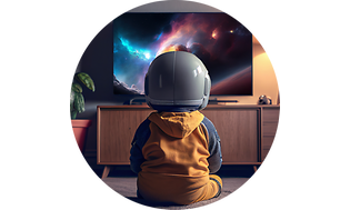 En lille dreng der sidder foran et TV med en hjelm på hovedet