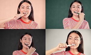 En kollage af en kvinde, der børste sine tænder med fire forskelligfarvede tandbørster