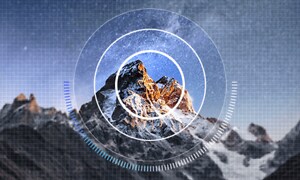 Illustration af Samsung QLED- og OLED-tv'er, der forbedrer indholdskvaliteten med AI-opskalering på bjergtopcirkler.