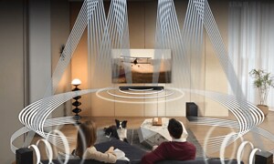 Samsung TV parret med soundbar i stuen og illustrationer af surround sound med trådløs Dolby Atmos