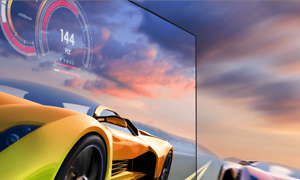 En racerbil på et Samsung TV med mindst 120 Hz, der er bedst til spil, se sport og film og tv-serier
