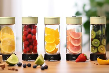 5 smoothie blenders in different colours with fruits