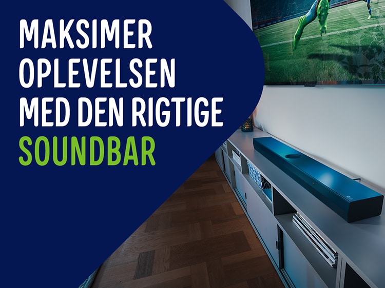 LG soundbar under LG TV, der viser en fodboldkamp og teksten: "Maksimer oplevelsen med den rigtige soundbar"