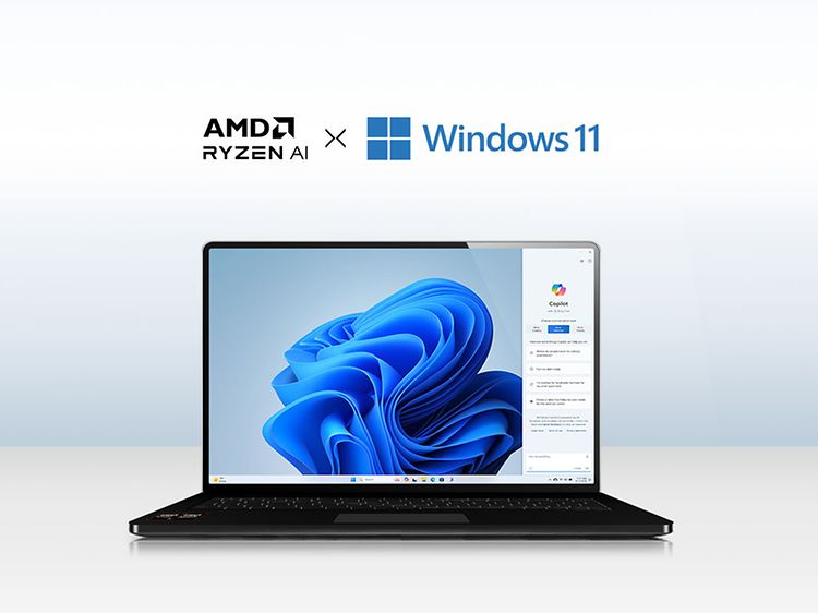 AMD Ryzen™ AI og Windows 11-laptop på blå og hvid baggrund