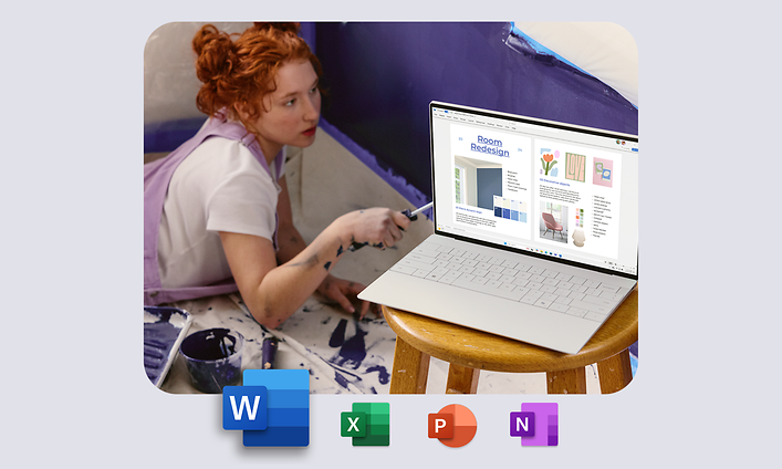 Microsoft -  Microsoft Office 2024 Home - Office Apps, Microsoft laptop og en ung kvinde